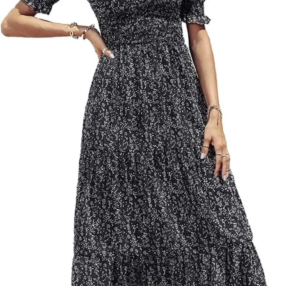 Spring Crew Neck Ruffle Short Sleeve Floral Print Smocked Boho Flowy Maxi Dress